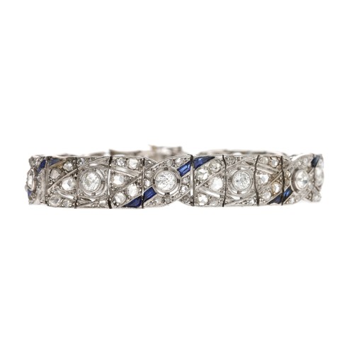 159 - Attractive Art Deco white metal sapphire and diamond bracelet, set with rose and old-cut diamonds an... 