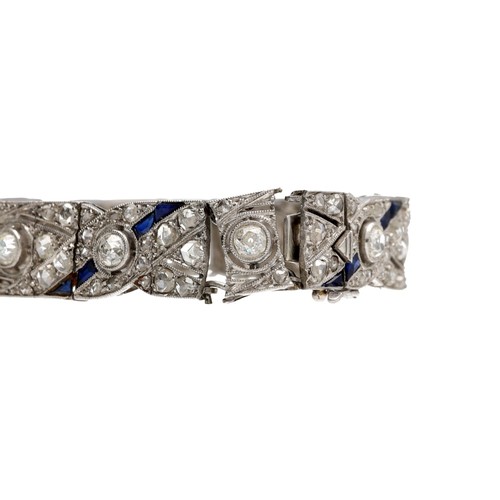 159 - Attractive Art Deco white metal sapphire and diamond bracelet, set with rose and old-cut diamonds an... 