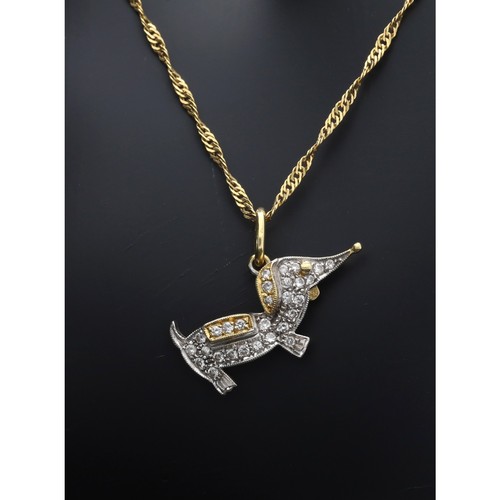 160 - 18ct bicolour twist necklace with a novelty diamond sausage dog pendant, the pendant 26mm, the neckl... 