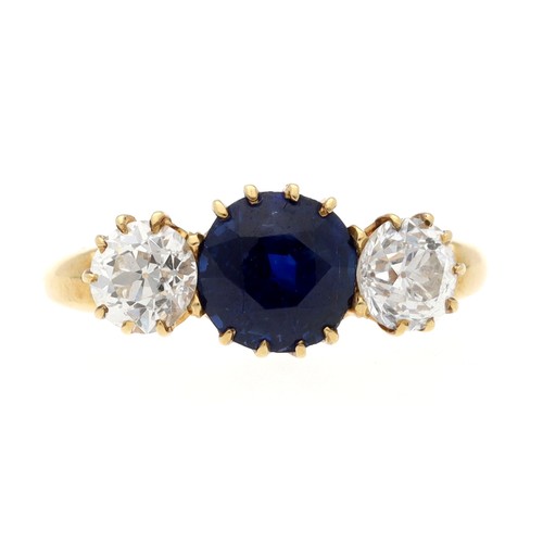 55 - Good 18ct yellow gold diamond and sapphire three stone ring, the round sapphire 1.50ct approx, with ... 