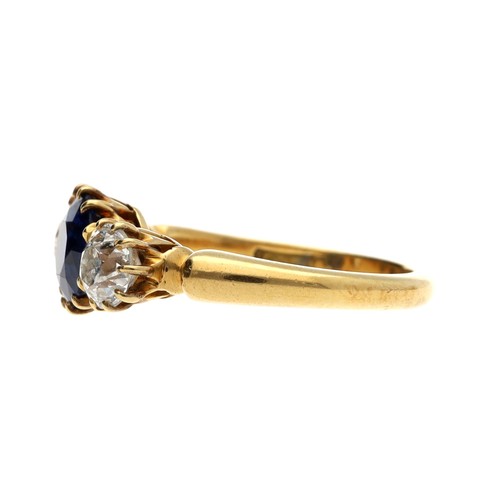 55 - Good 18ct yellow gold diamond and sapphire three stone ring, the round sapphire 1.50ct approx, with ... 