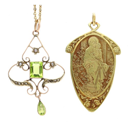 59 - Art Nouveau 9ct seed pearl and peridot pendant on necklace, 5.4gm, the pendant 48mm; with a yellow m... 