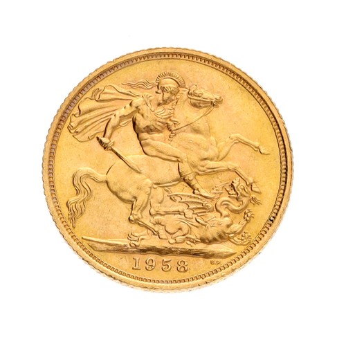 65 - Elizabeth II 1958 full sovereign, 8gm; also a yellow metal pendant stamped 750, 3gm (2) (ref.18)... 