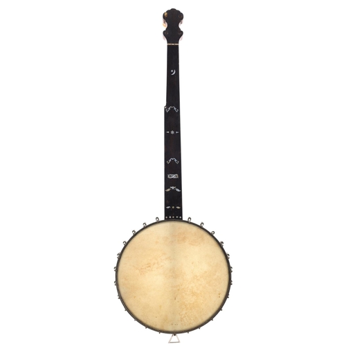 1509 - W. Temlett five string fretless banjo, stamped W. Temlett Maker, Ajax, no. 3420 on the perch pole, w... 