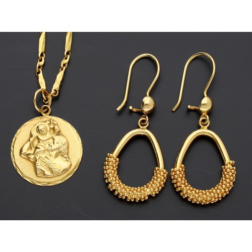 76 - Yellow metal pendant on necklet and a pair of yellow metal drop earrings,, 23.8gm (ref.36)... 