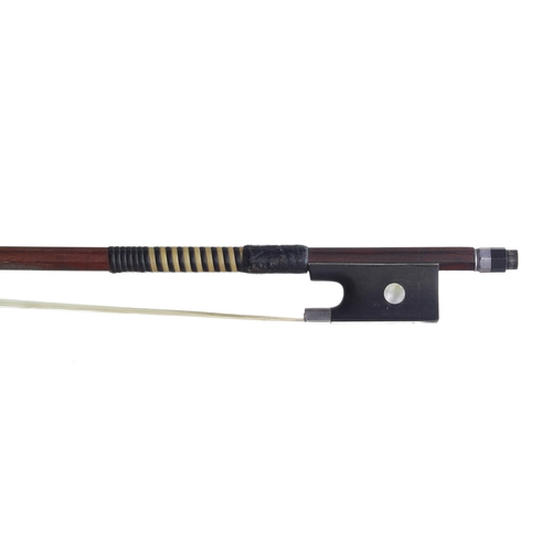 2220 - English silver mounted violin bow, unstamped, the stick octagonal, the ebony frog inlaid with p... 