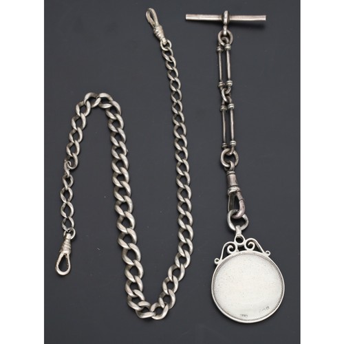 103 - Silver graduated curb link watch chain, with two modern 925 silver clasps; together with a short sil... 