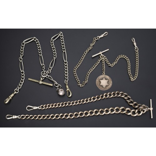 104 - Silver graduated curb link watch chain, with modern silver clasps and modern T-bar; together with a ... 