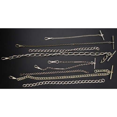 107 - Two silver open link watch chains; together with two white metal watch Albert chains with T-bars and... 