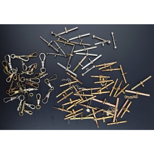 113 - Quantity of gilt metal and rolled gold T-bars; together with a quantity of clasps and white metal T-... 