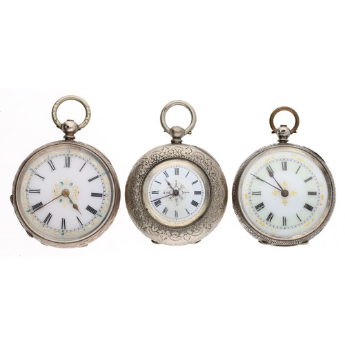 123 - Three silver cylinder engraved fob watches (3)