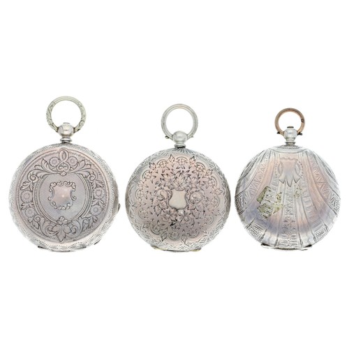 123 - Three silver cylinder engraved fob watches (3)