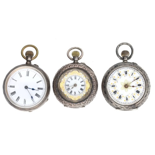 125 - Three small silver cylinder engraved fob watches (one lacking glass) (3)