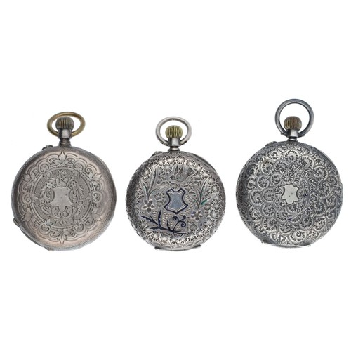 125 - Three small silver cylinder engraved fob watches (one lacking glass) (3)