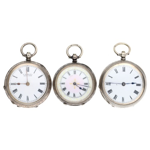 126 - Three silver cylinder engraved fob watches (3)