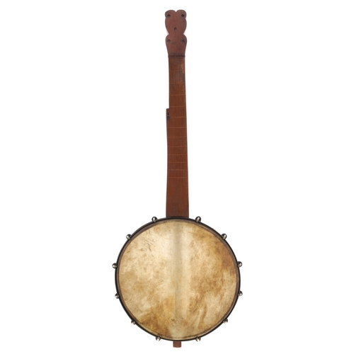 1593 - Interesting old six string banjo with twelve flush inlaid frets, unstamped, with 11.5