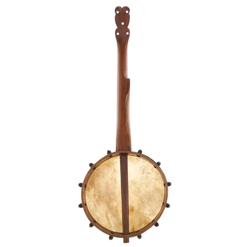 1593 - Interesting old six string banjo with twelve flush inlaid frets, unstamped, with 11.5