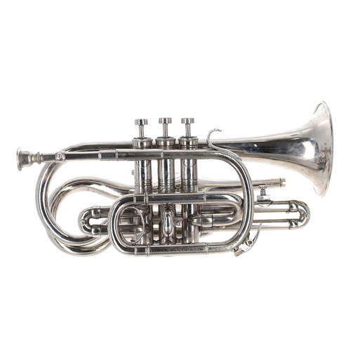 1842 - Rare silver plated four valve echo cornet, unstamped, with mouthpiece and homemade case... 