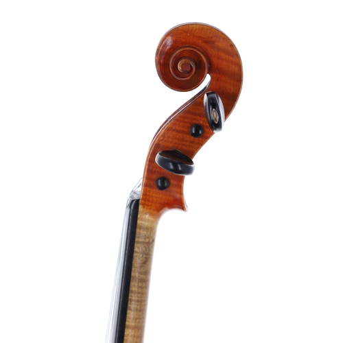 2420 - English violin labelled Otto Migge, London, 1899, the one piece back of faint medium curl with simil... 