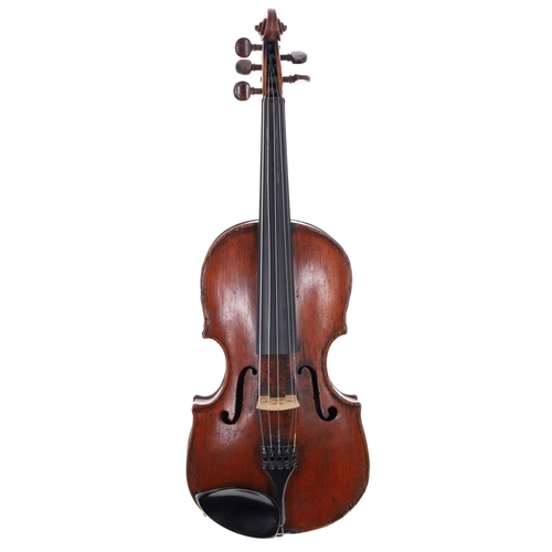 2442 - Interesting 19th century five string violin, probably English, the one piece back of very faint fine... 