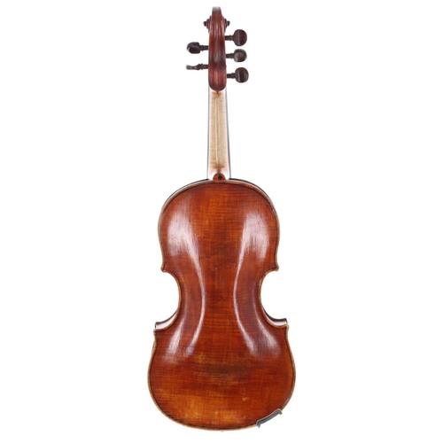 2442 - Interesting 19th century five string violin, probably English, the one piece back of very faint fine... 