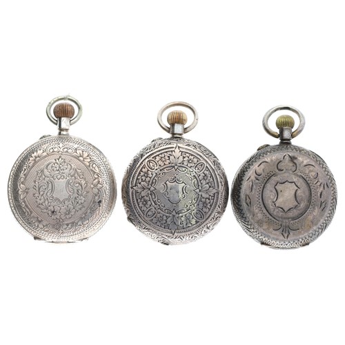 127 - Three small silver cylinder engraved fob watches (3)