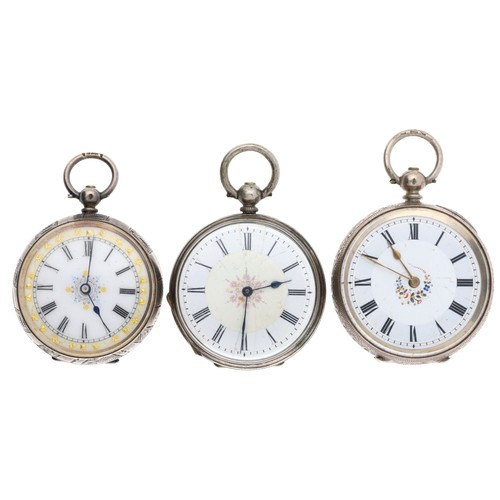 128 - Two silver cylinder engraved fob watches; together with a silver cylinder engine turned fob watch (3... 