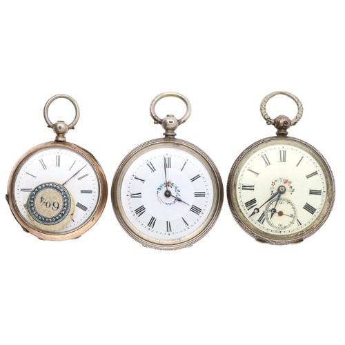 129 - Three silver (0.800) cylinder engraved fob watches (3)