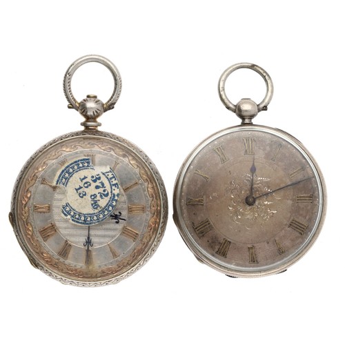 130 - White metal cylinder fob watch, silvered dial, 40mm; together with a silver gilt cylinder engraved f... 