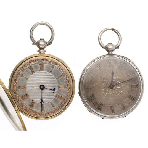 130 - White metal cylinder fob watch, silvered dial, 40mm; together with a silver gilt cylinder engraved f... 