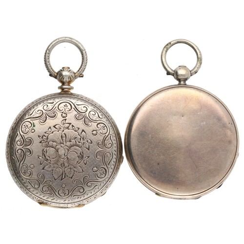 130 - White metal cylinder fob watch, silvered dial, 40mm; together with a silver gilt cylinder engraved f... 