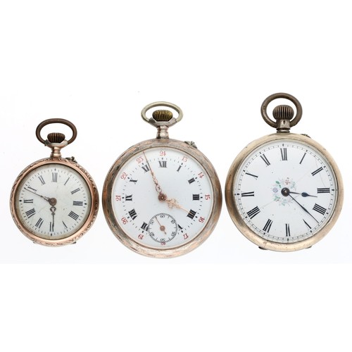 132 - Two silver (0.800) cylinder engine turned fob watches; together with a small silver (0.800) cylinder... 