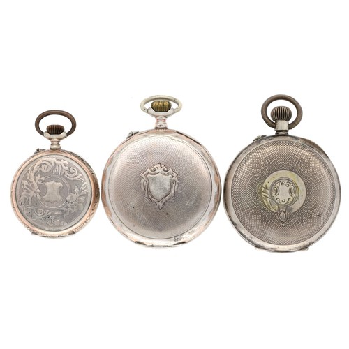 132 - Two silver (0.800) cylinder engine turned fob watches; together with a small silver (0.800) cylinder... 