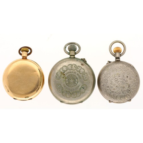 133 - American Waltham gold plated lever fob watch, 34mm; together with a Swiss nickel cased cylinder engr... 