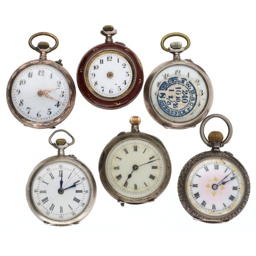 134 - Six assorted small silver fob watches to include a silver gilt and red enamel fob watch (6)... 