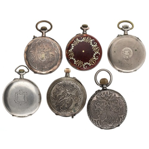 134 - Six assorted small silver fob watches to include a silver gilt and red enamel fob watch (6)... 