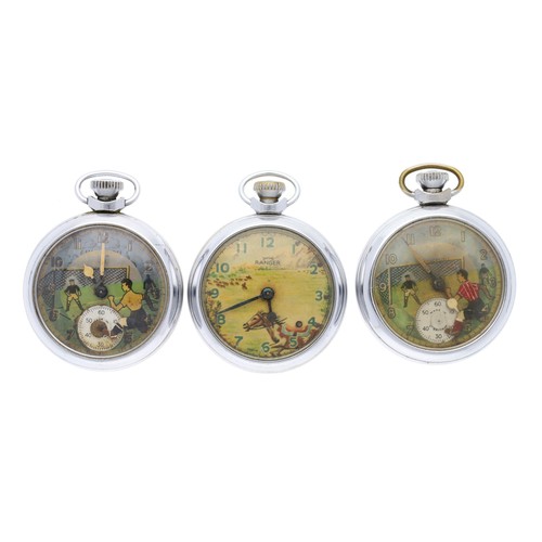 135 - Two Ingersoll novelty 'football' automaton chrome cased pocket watches; together with a Smiths Range... 