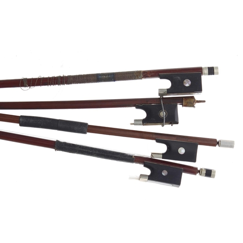 2205 - Nickel mounted violin bow stamped Bausch; also three other nickel mounted violin bows (4)... 