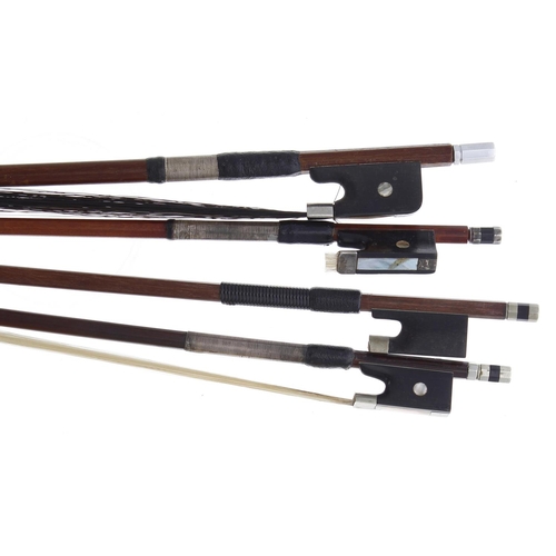 2206 - Silver mounted violin bow, indistinctly stamped; also two old nickel mounted violin bows and a violo... 