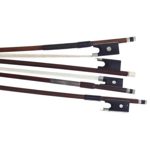 2207 - Nickel mounted violin bow stamped L. Bausch; also four other old nickel mounted violin bows, unstamp... 