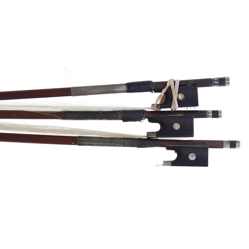 2209 - Three old silver mounted violin bows in need of some attention, one by and stamped R. Weichold, Dres... 