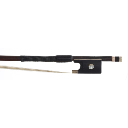 2226 - Interesting early gold mounted violin bow, unstamped, the stick octagonal, the ebony frog inlaid wit... 