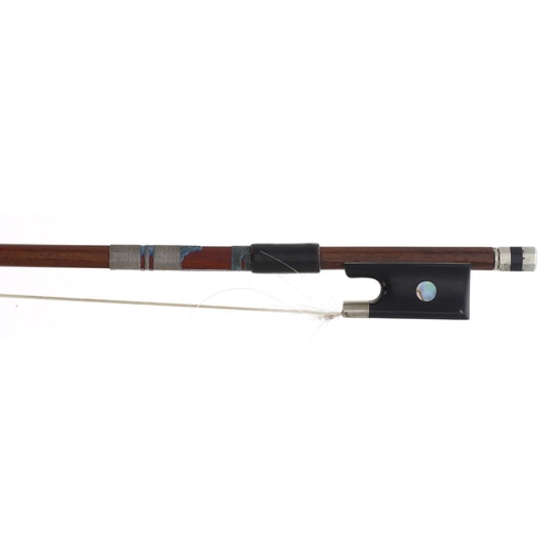 2227 - Nickel mounted violin bow stamped Bazin, 55gm (partially haired and with missing lapping)... 