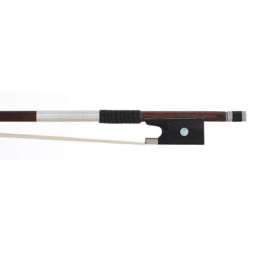 2229 - German nickel mounted violin bow by and stamped C.A. Hoyer, the stick round, the ebony frog inlaid w... 