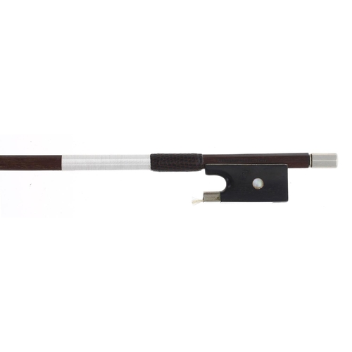 2233 - Nickel mounted violin bow stamped Gand & Bernardel Frere, the stick round, the ebony frog inlaid... 