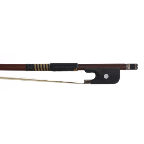 2234 - German silver mounted Voirin Model bow stamped Voirin, the stick round, the ebony frog inlaid with p... 