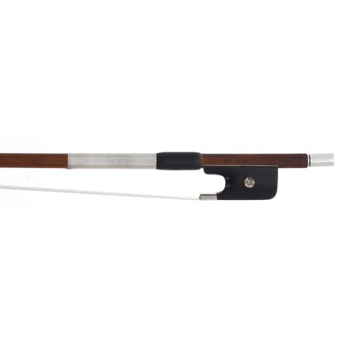 2236 - English silver mounted violin bow by James Tubbs and stamped W.E. Hill, the stick round, the ebony f... 