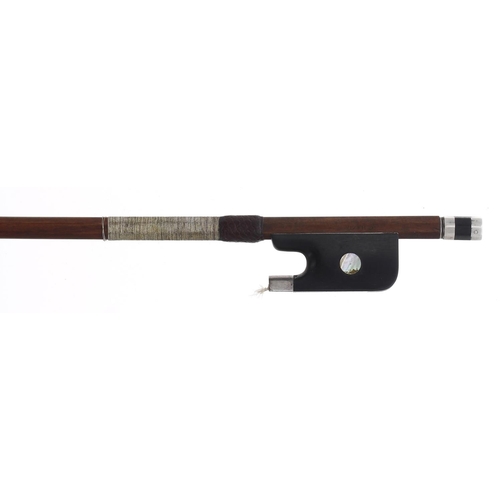 2246 - Silver mounted violoncello bow stamped C. Bazin, the stick round, the ebony frog inlaid with pearl e... 