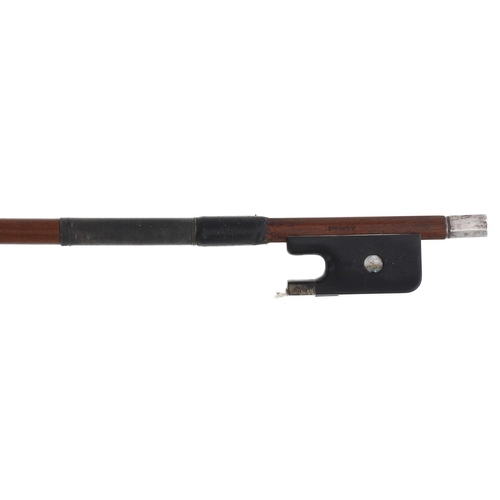 2247 - Silver mounted viola bow stamped J. Lavest, the stick round, the ebony frog inlaid with pearl eyes a... 