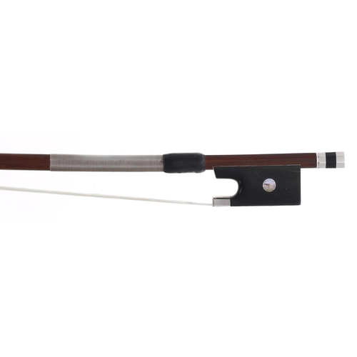 2248 - Silver mounted violin bow of the Pageot School, unstamped, the stick round, the ebony frog inlaid wi... 